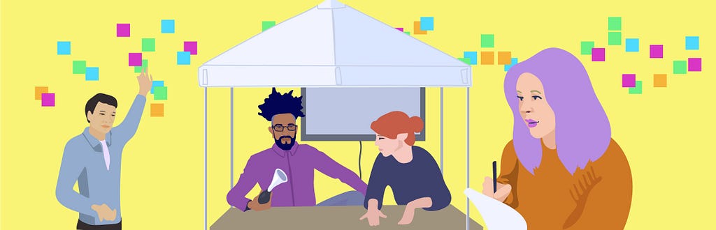 Illustration of Arden and Eduardo under a tent, one student taking notes, and another student putting Post-Its on the wall.