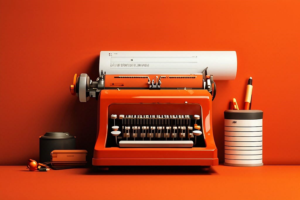 AI generated image of an orange type writer against an orange wall and floor. To the right of the typewriter is a white pot with 2 pens inside it. The pot is decorated with black rings around it.