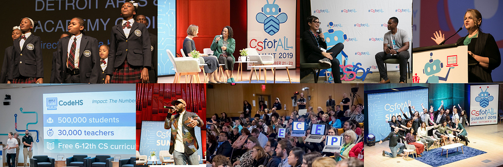 collage of photos from various CSforALL summit events — showing speakers, panels and performers on stage.