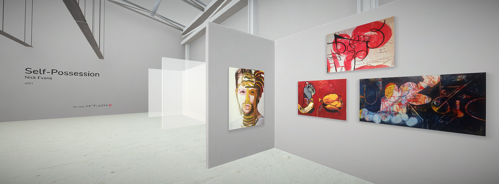 User point of view of a virtual exhibition. On the right, there is an “art fair booth” with several colorful abstract art pieces. On the left, there is a banner for the exhibition that reads “Self-Possession” by artist Nick Evans on Art Placer.