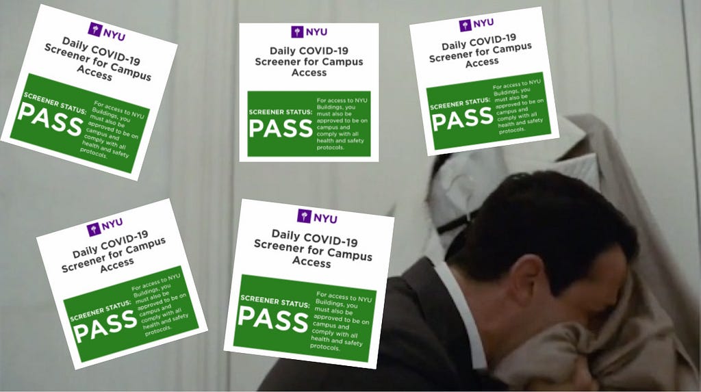 Scene from HBO’s Succession where Kendall Roy is yelling into clothes hanging, and screenshots of NYU’s daily screener are surrounding him.