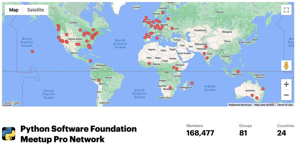 A screenshot of the Python Software Foundation’s MeetUp.com page. It is a map with red dots showing locations of various events. The red dots span the globe and are clustered in big cities.