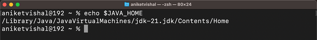 Screenshot showcasing JAVA_HOME path in macOS terminal