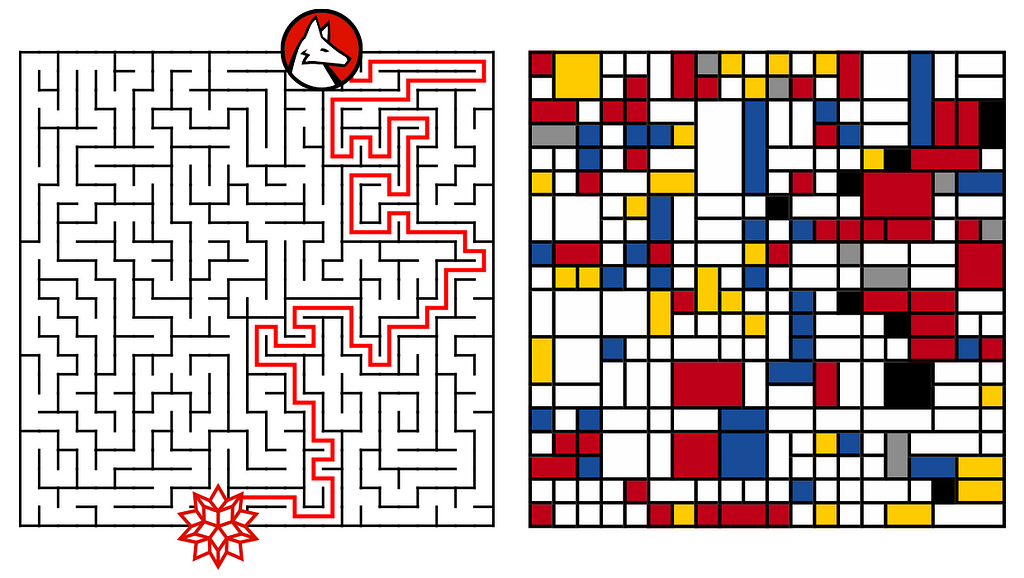 On the left is a maze with a Wolfie circle up at top and Spikey at the bottom, and a red line moving through it. On the right is a Mondrian-style artwork with red, yellow, white, and black squares.