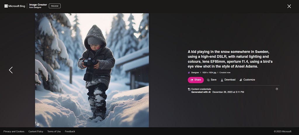 A Bird’s Eye View Shot Of A Kid Playing In The Snow | Source: Microsoft Bing Image Creator