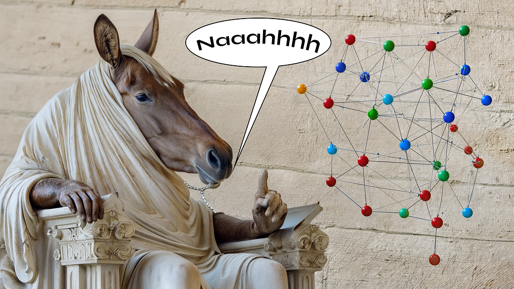 Seneca, as a statue with a horse’s head says, ‘Naaahhh’, wagging his finger at a floating graph network.