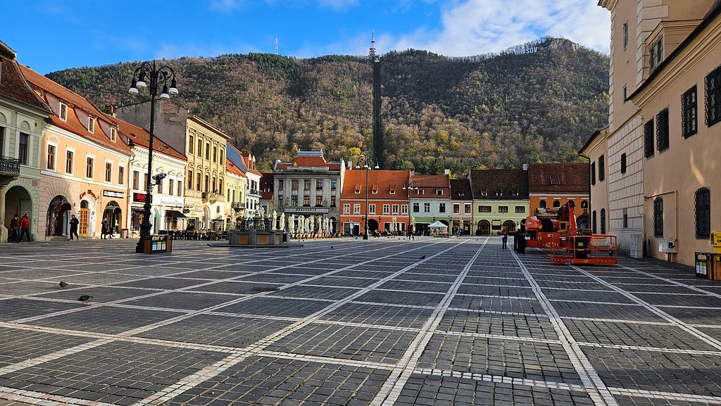 Brasov Council Square with a view of the letters on the hill