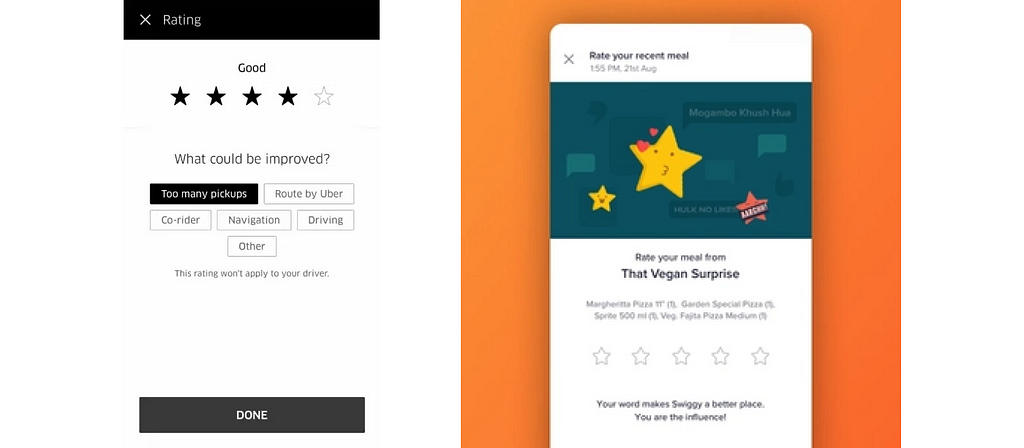 Screenshot images from the Uber and Swiggy app which show the rating system once the service is completed.