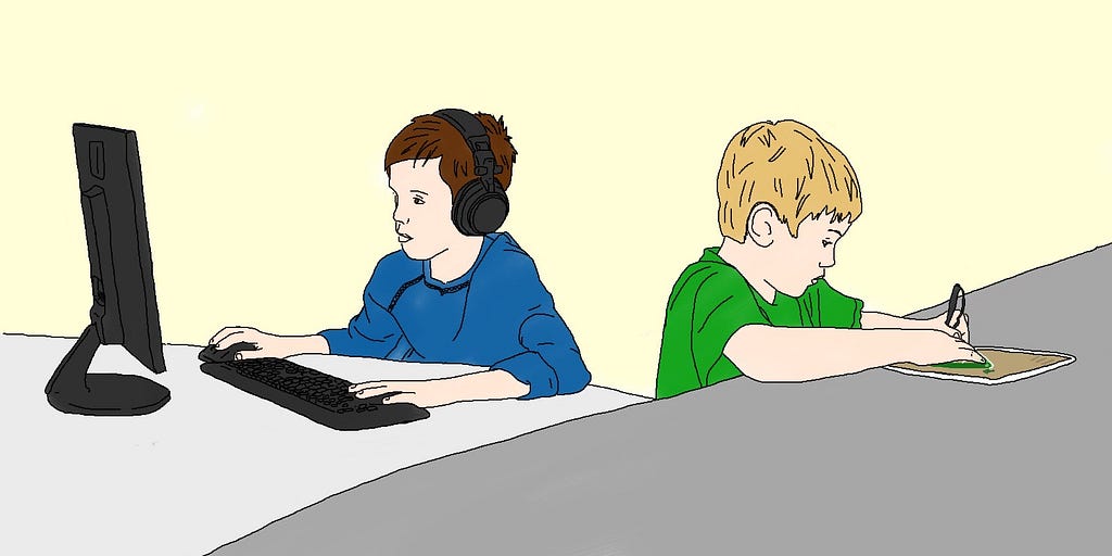 Illustration of two young boys on a computer and drawing on a tablet with a Scriba