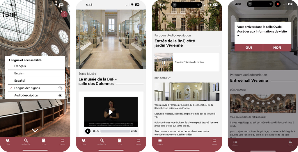 Screenshots of the BnF application showing language and accessibility options, the Salle des Colonnes, the Jardin Vivienne entrance and a notification of arrival in the Salle Ovale. The interface includes signs for audiodescription and sign language.