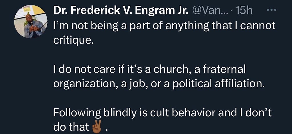 Photo taken from Dr. Engram’s twitter that discusses cult behavior