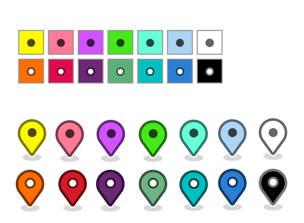 Image shows the color palette with dark and light dots. Below the palette are the corresponding map markers.