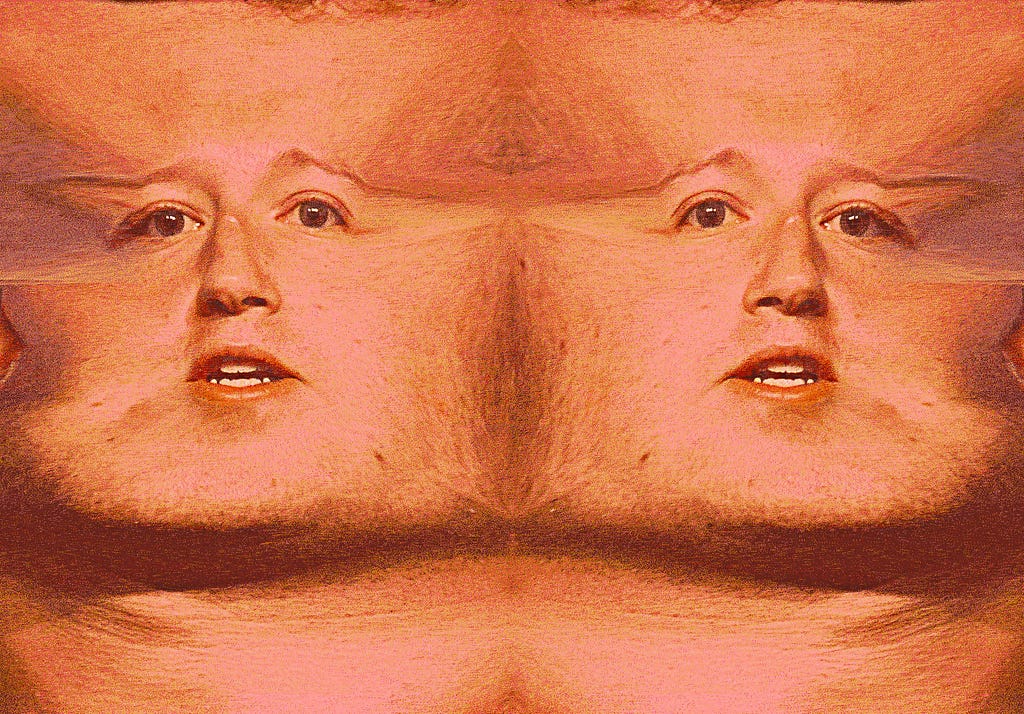 Photo-illustration where a portrait of Mark Zuckerberg has been manipulated by stretching skin, to imply close-up pornographic images, where human flesh covers the entire image frame.