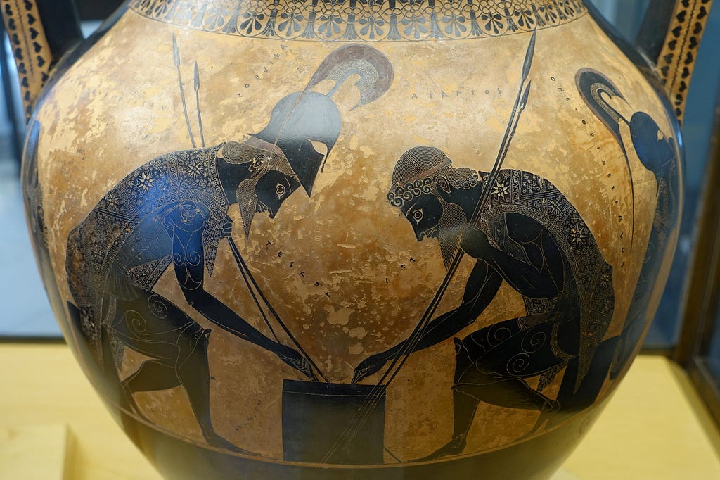 Greek Vase with black painting depicting Achilles and Ajax playing dice.