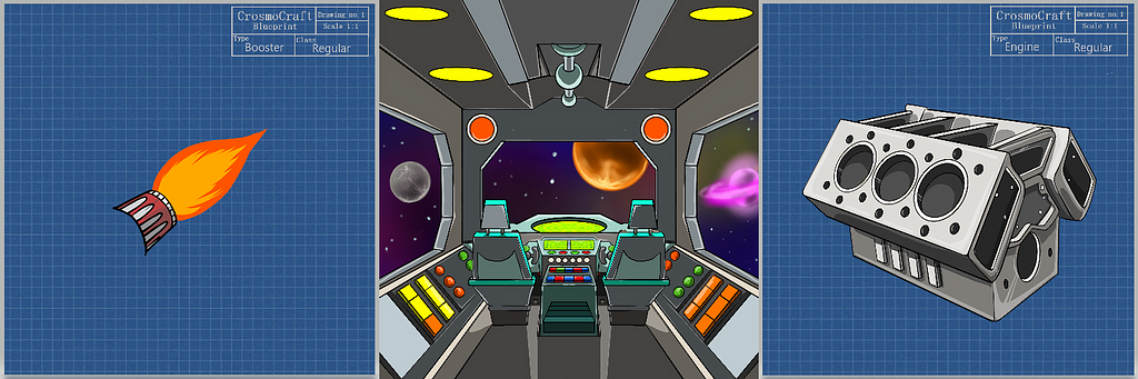 A regular Booster (left), a regular Space Deck (middle) and a regular Engine (right)