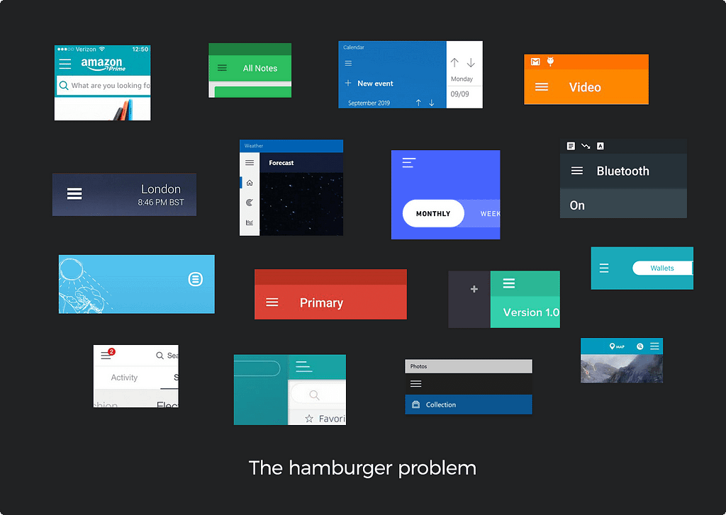 The hamburger problem. A collage of hamburger menus taken from mobile apps, desktop apps, and websites.