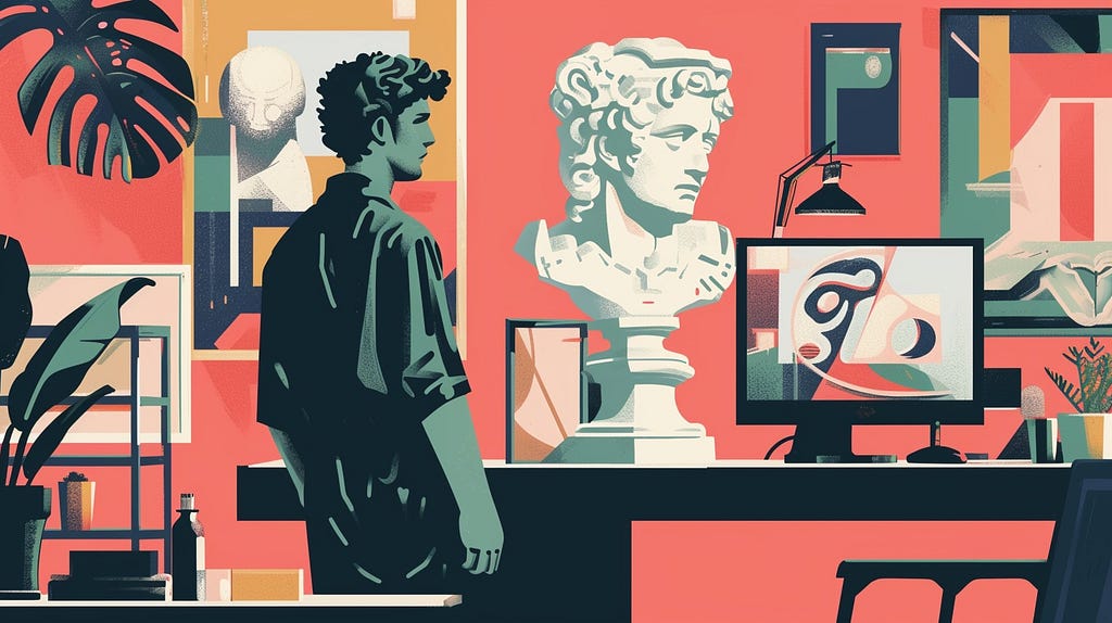 A stylized illustration of a person standing in a design studio or workspace, gazing at a large classical bust of a man. The room is filled with artistic elements such as plants, abstract artwork, and a computer displaying an abstract design. The color palette is predominantly warm, with shades of coral, green, and beige.