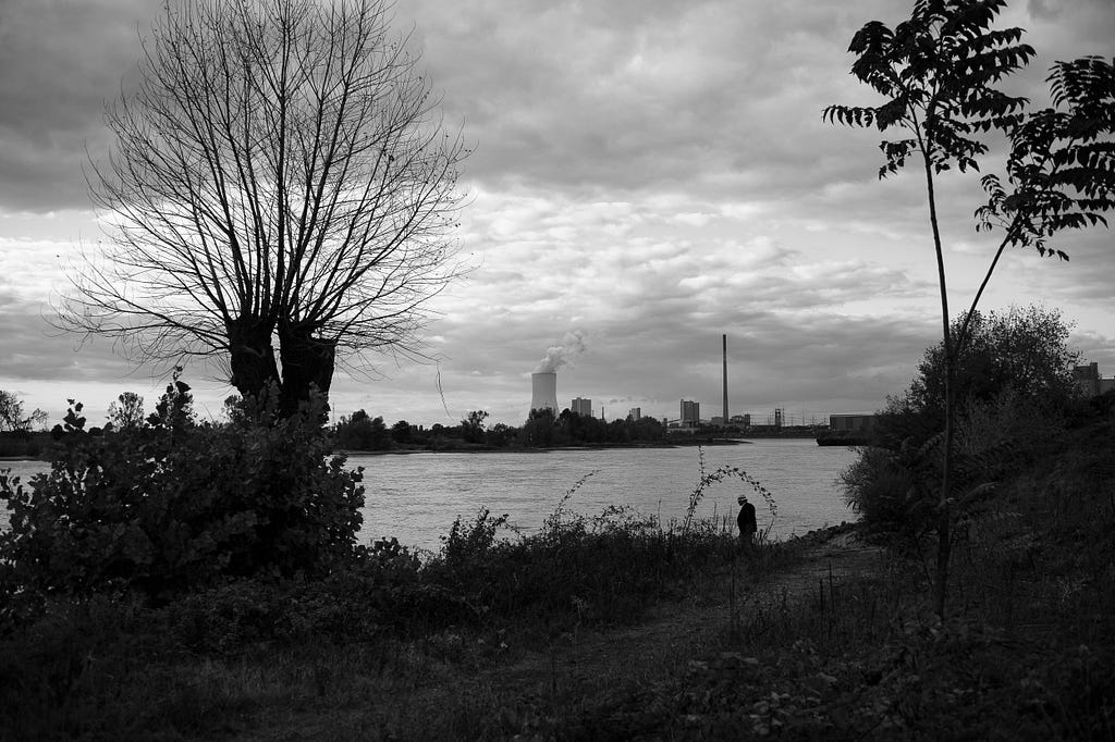 A man searches the banks of the river Rhine for returnable bottles. The background shows what I assume to be the facilities of the Walsum power plant and/or the former coal mine Walsum. I found this scene at a dead-end side street near the thyssenkrupp steel production site. I have multiple pictures from this scene, but I like the man’s position under the brushes here. Duisburg, Germany, September 15, 2022.