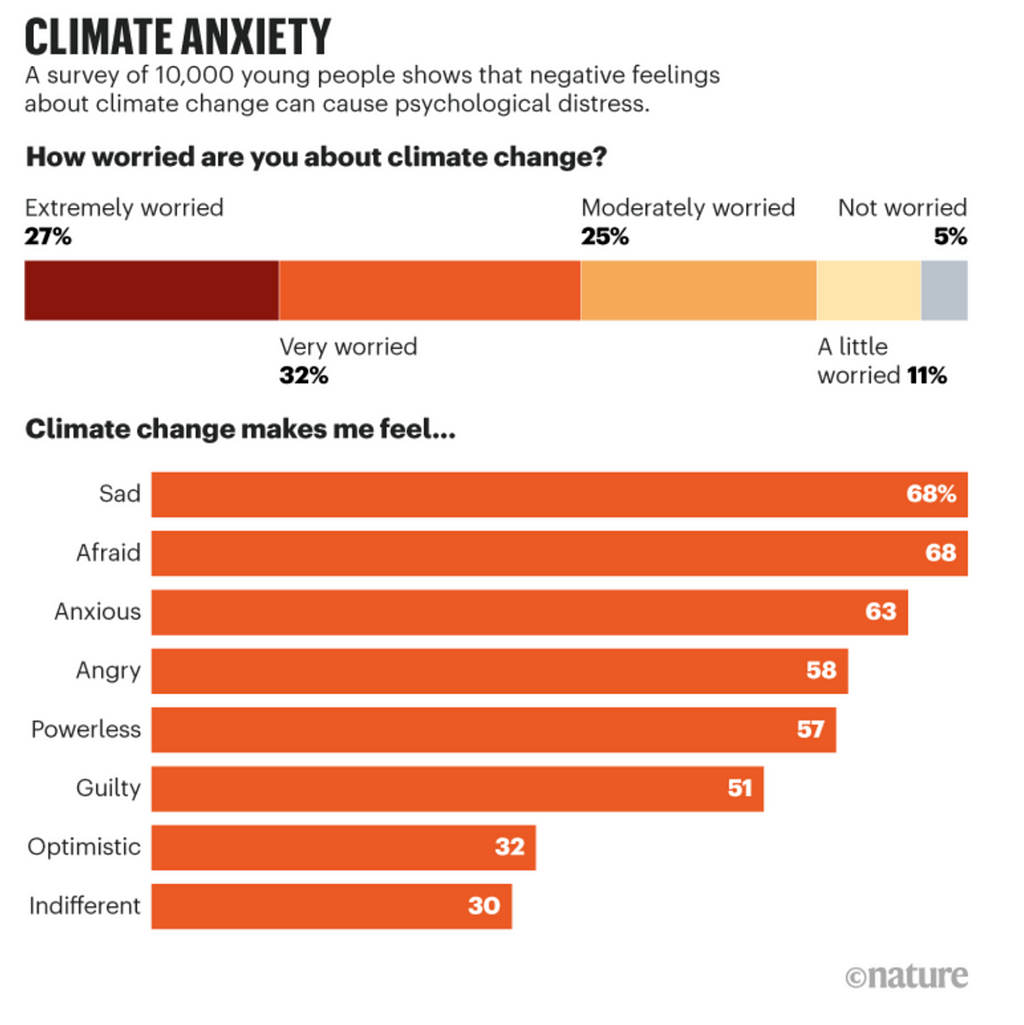 Chart that shows results of a survey amongst 10.000 young people between the ages of 18 and 24 across ten countries, asking how they feel about climate change.