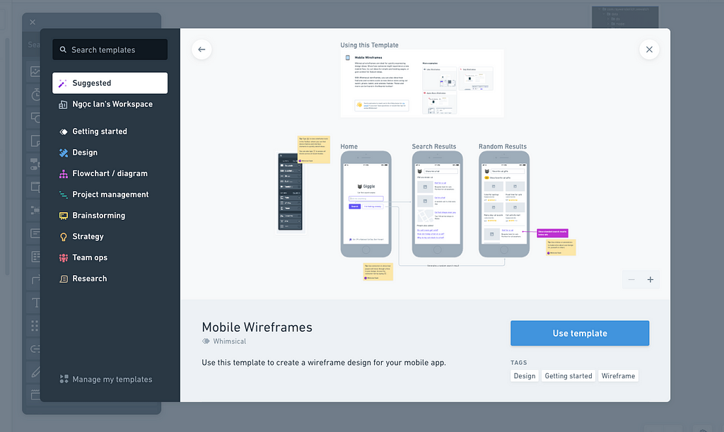 A Wireframe template on Whimsical