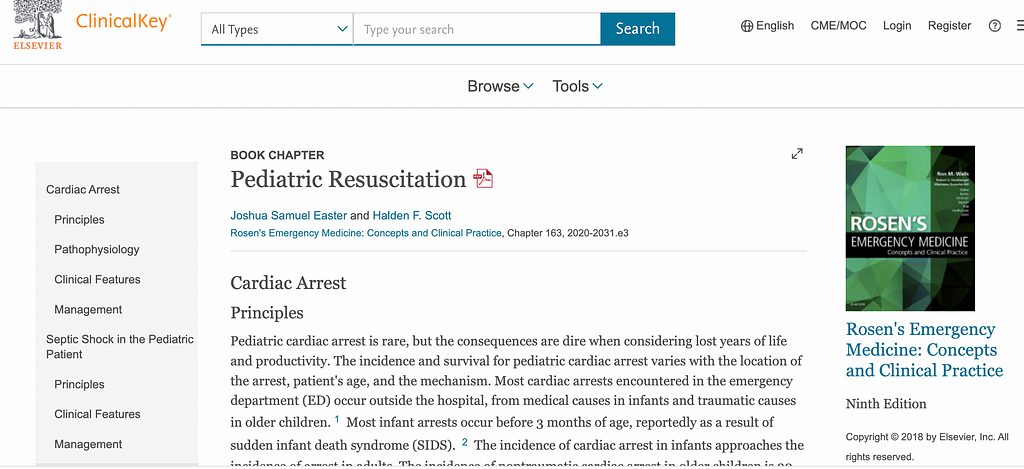 Screenshot of the chapter Pediatric Resuscitation, from Rosens Encyclopedia of Emergency Medicine.