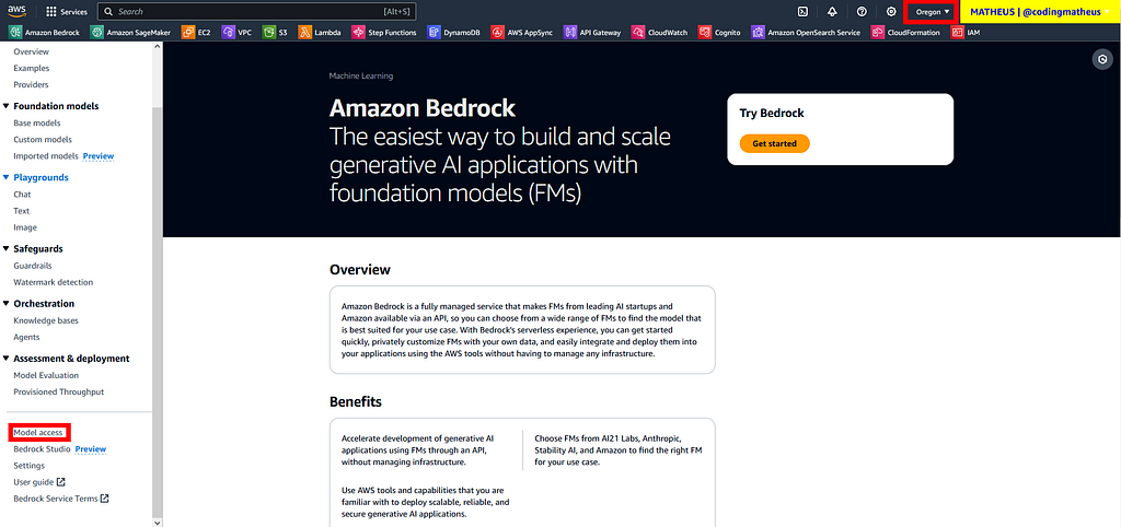 The Amazon Bedrock Console with the menu item “Model access” highlighted.