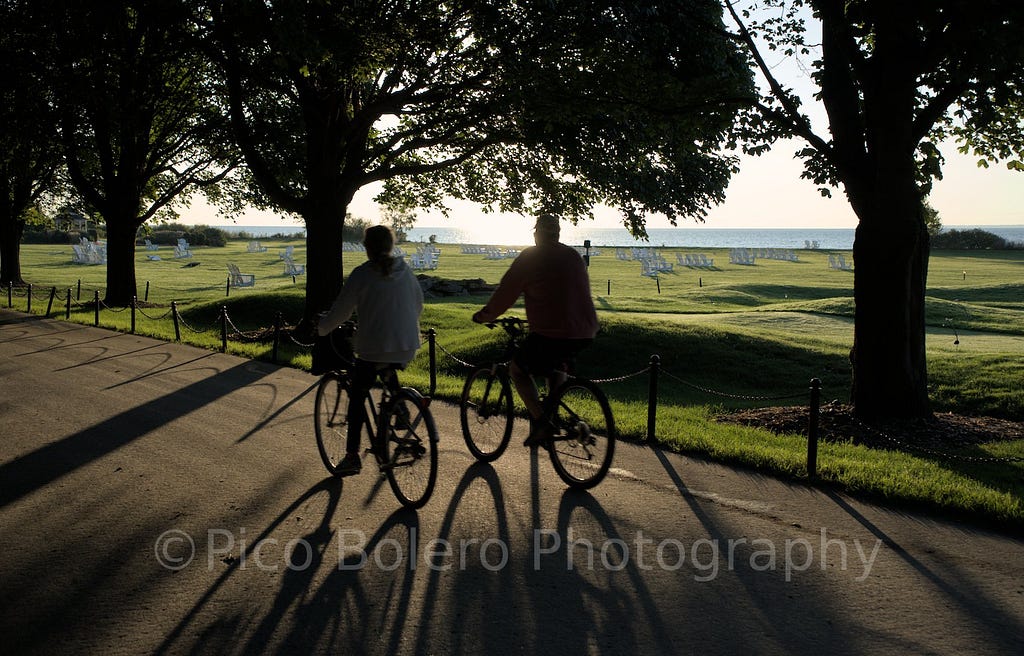 A silhouette of two people cycling in the early morning along the shore through the trees.