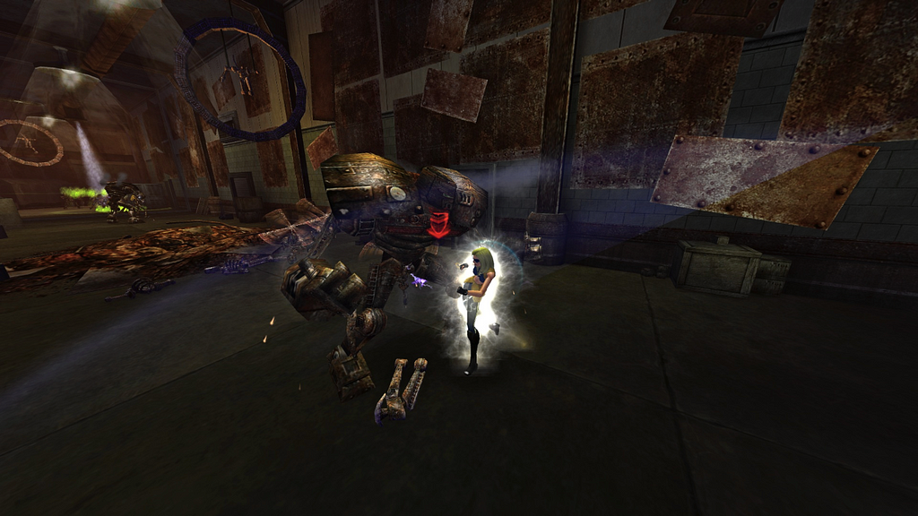A City of Heroes player uses martial art abilities to battle a giant robotic foe.