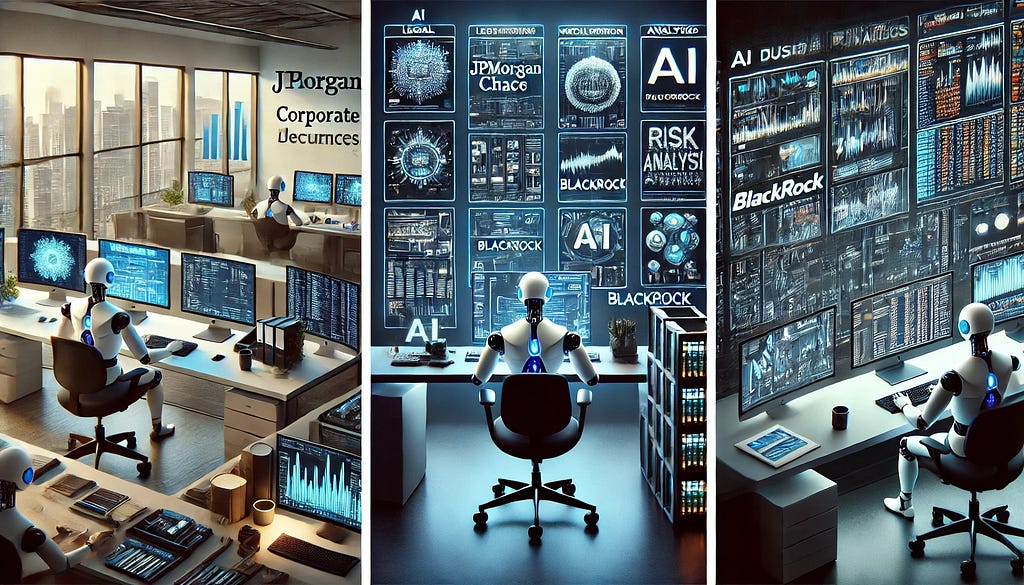Three scenes side by side depicting AI advancements in corporate finance: AI systems analyzing legal documents for JPMorgan Chase, AI-driven portfolio management and risk analysis for BlackRock, and AI monitoring transactions for fraud detection at PayPal.