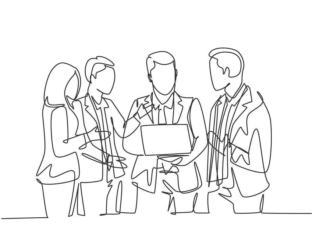 line drawing of people in a work place with a laptop