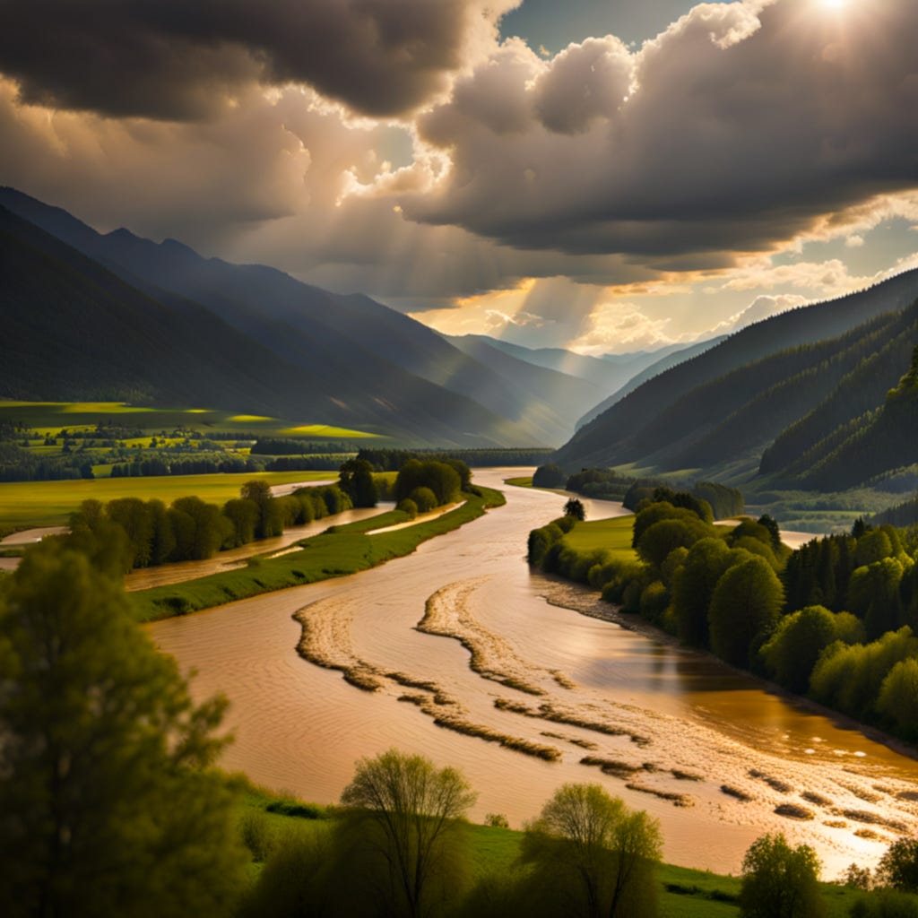 The creek meanders towards the villages beyond.