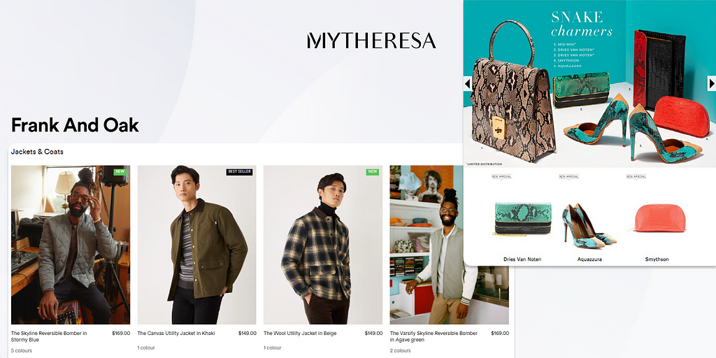 Searchandising manual curation examples Frank And Oak and Mytheresa