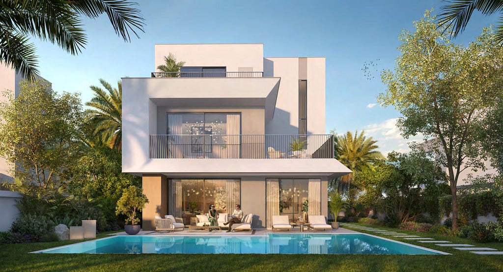 Villa facade exterior render from backyard with private pool