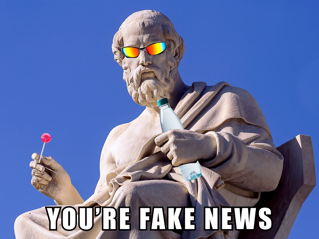 A statue of plato with a lollipop in his right hand a watter bottle in the left, using mirrored colorful sunglasses.