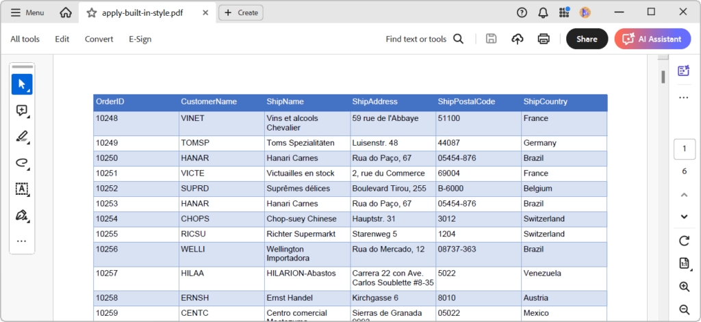 Applying built-in styles to a PDF table using the .NET PDF Library