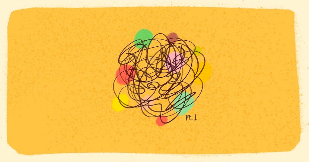A digital drawing of a chaotically scribbled circle centered in the middle of a golden yellow background. Behind the scribble are various blobs of color like blues, yellows, greens, and reds. The bottom right corner of the scribble is marked at Pt. 1 (or Part one).