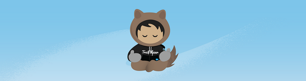 Trailhead character Astro wearing a Trailblazer hoodie in a meditation pose hovering on a sky background.