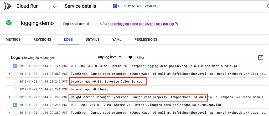 Browser logs shown in the Stackdriver Logging user interface