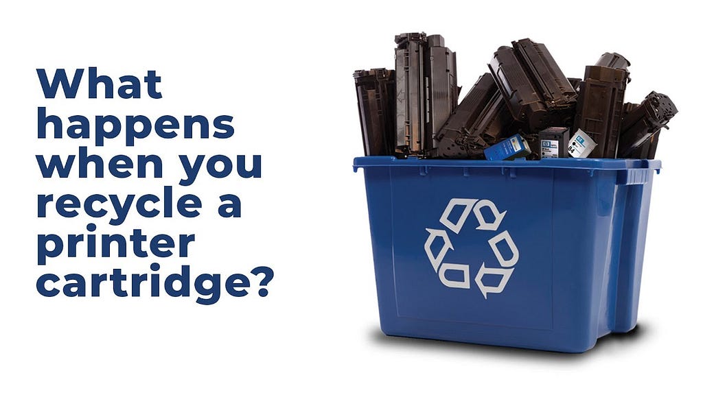 Empty printer cartridges in a recycling-labeled box for printer cartridge recycling programs