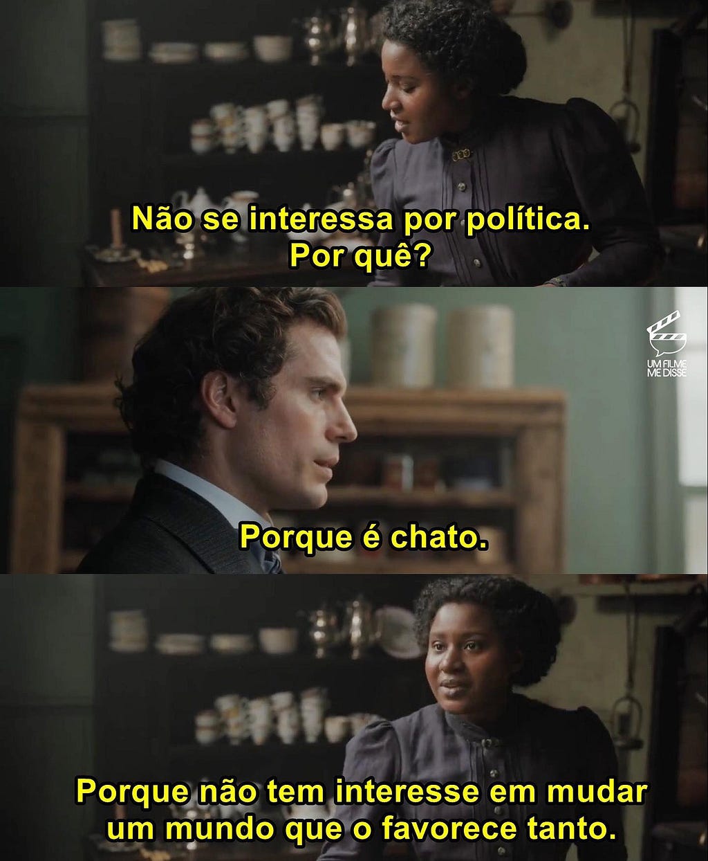 Imagem com a cena descrita no artigo do filme Enola Holmes, separada em três partes uma sobreposta a outra, onde na primeira imagem mostra a Edith, uma mulher preta, com sua pergunta a Sherlock, um homem branco, enquanto na secunda há a imagem de Sherlock respondendo Edith, e na terceira a Edith reaparece com sua resposta a pergunta.