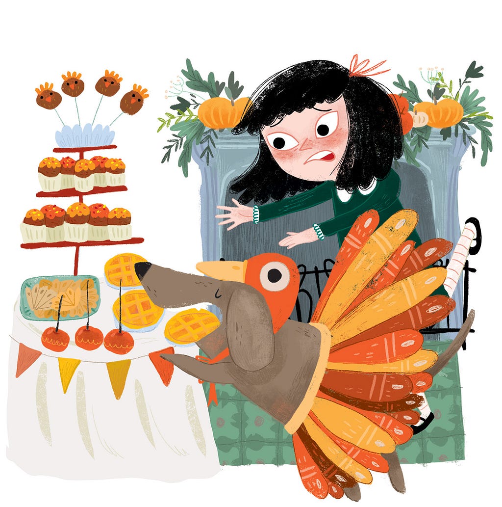 girl panicking while a dog wearing a turkey costume eats a pie off a dessert display by Rebeca J. Pintos (represented by Illustration Online LLC)