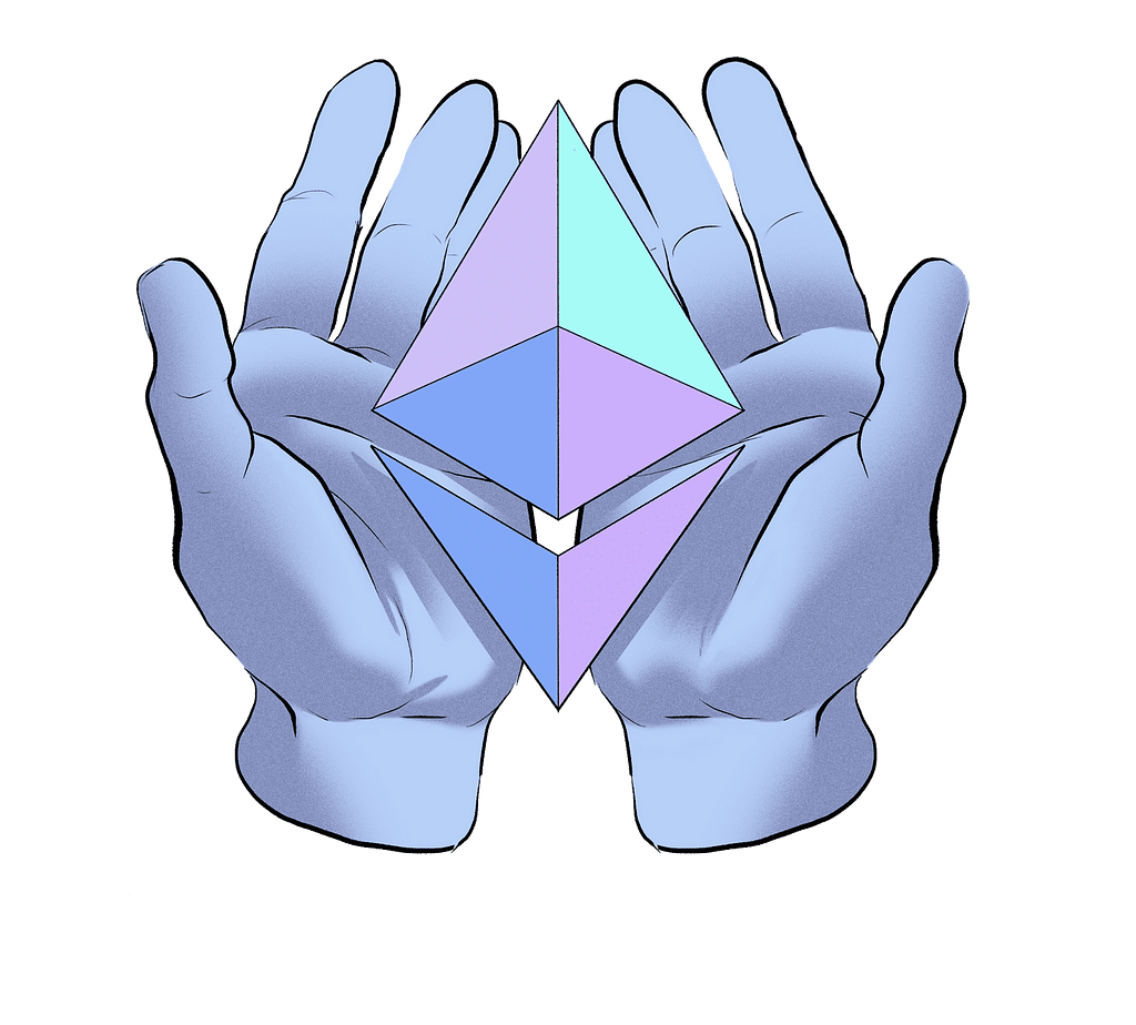 Illustration with ethereum Prisma logo in open hands