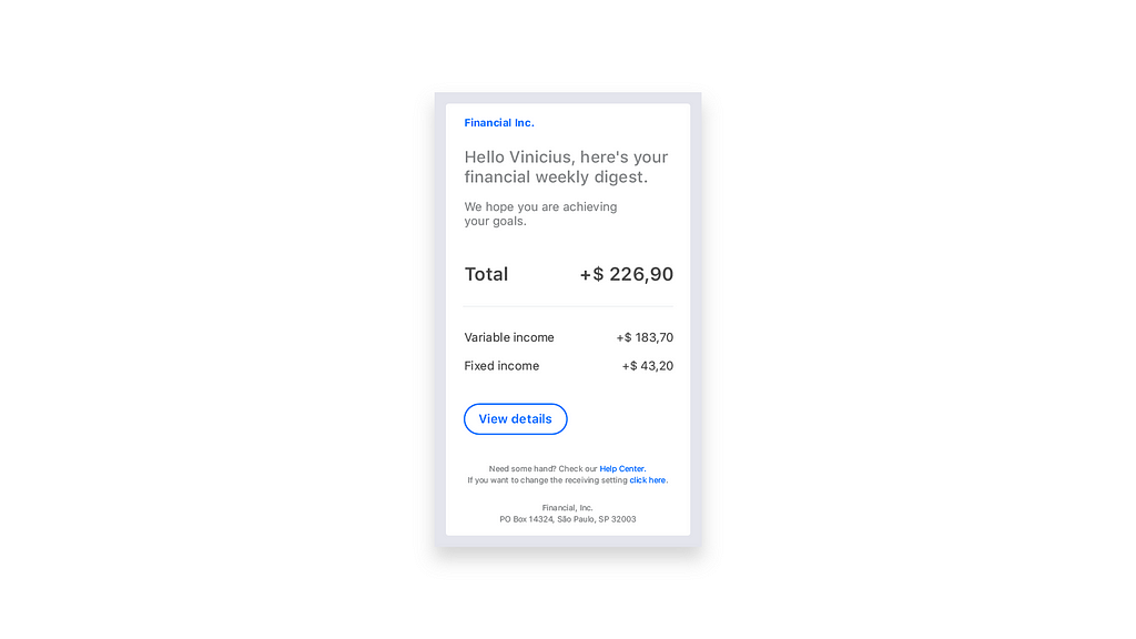 An email card from a financial app, demonstrating user earnings, with a layout enhanced for its users.