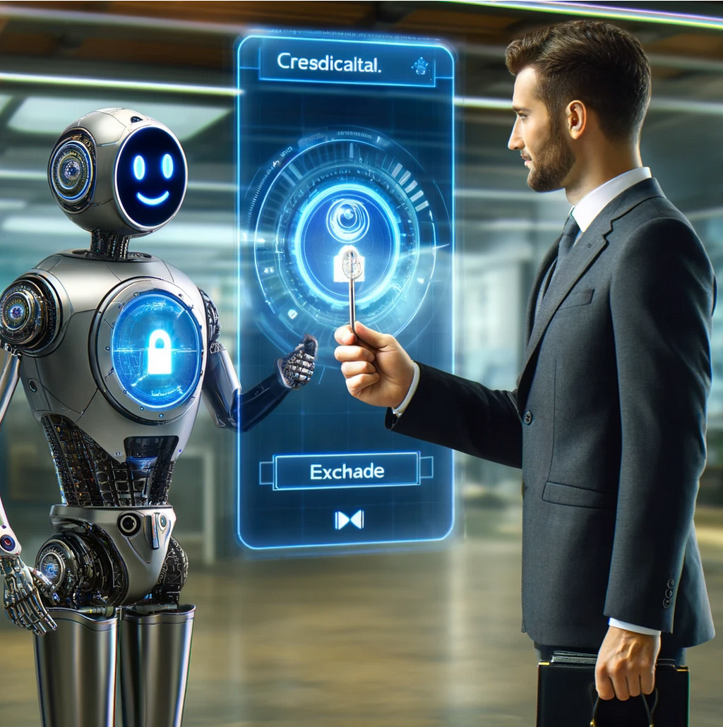 a human showing an id to a AI Robot in exchange for a key