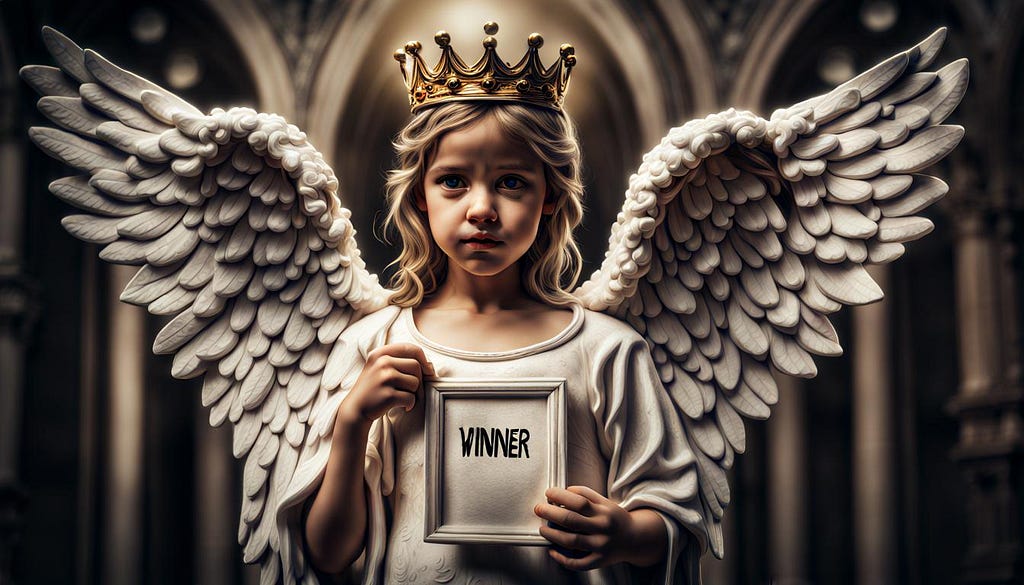 Angel wearing crown holding sign saying “Winner”