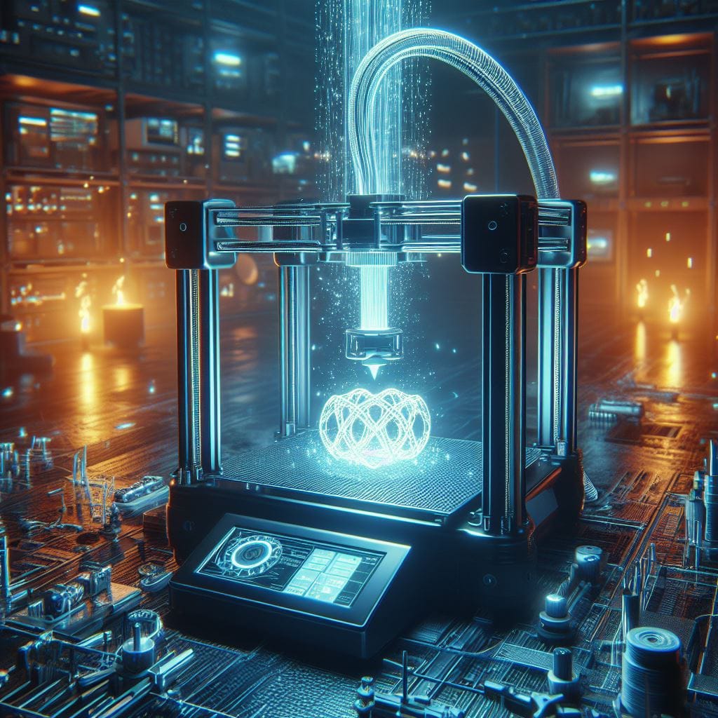 A 3D printer in action, layering molten plastic to create a small device. The printer’s nozzle moves smoothly over the surface, depositing precise lines of material. The device being printed begins to take shape, with intricate details emerging as the layers build upon each other.