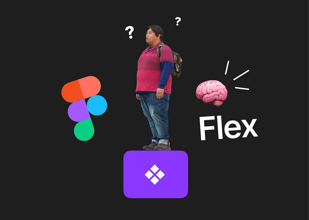 Guy standing on a component icon, and next to him you see the figma logo and a brain with the word flex next to it.