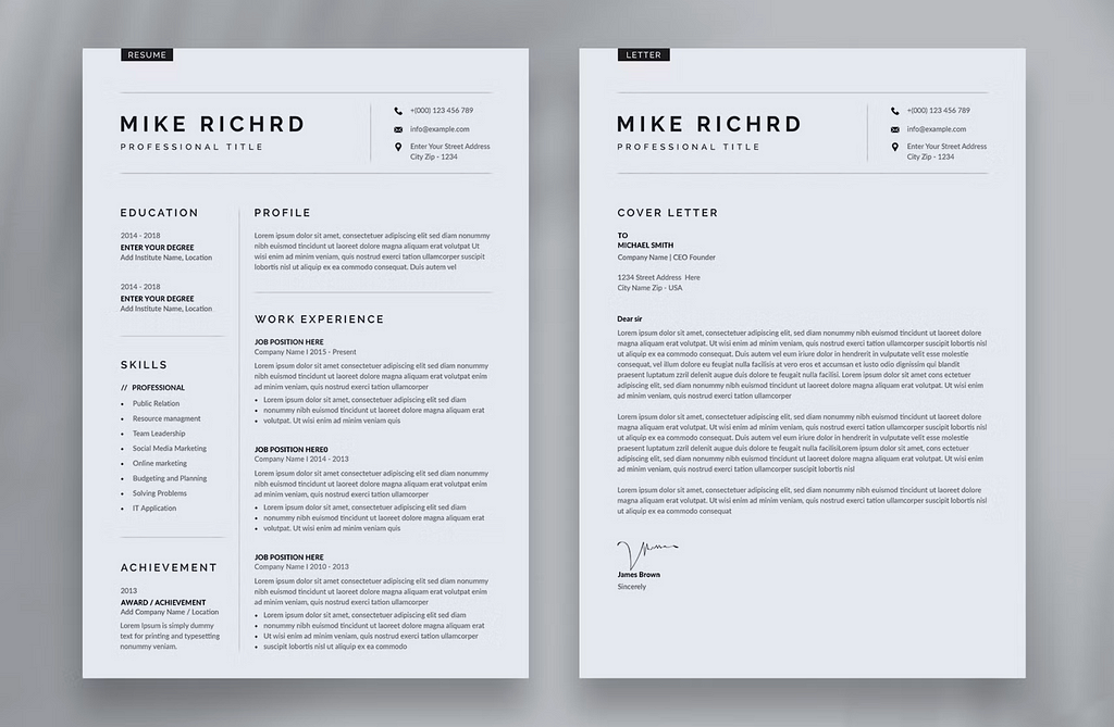 A portrait of a resume template filled in with placeholder info sitting on a clean gray surface.