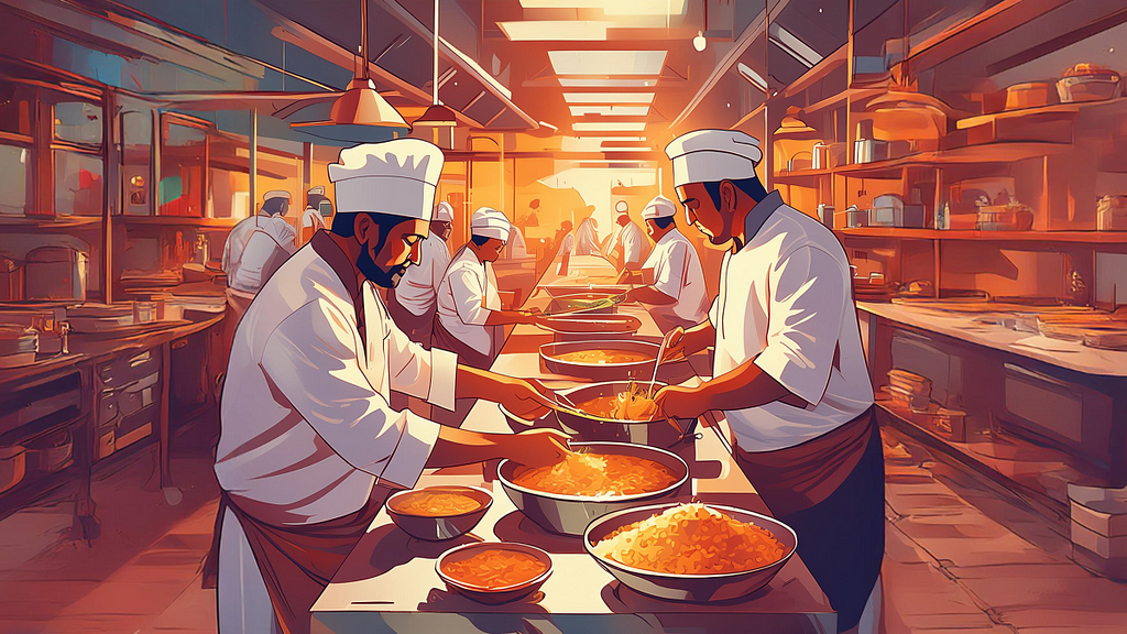 Illustration of chefs working in a busy kitchen, representing how Trusted Execution Environments (TEEs) manage and protect data within a device.