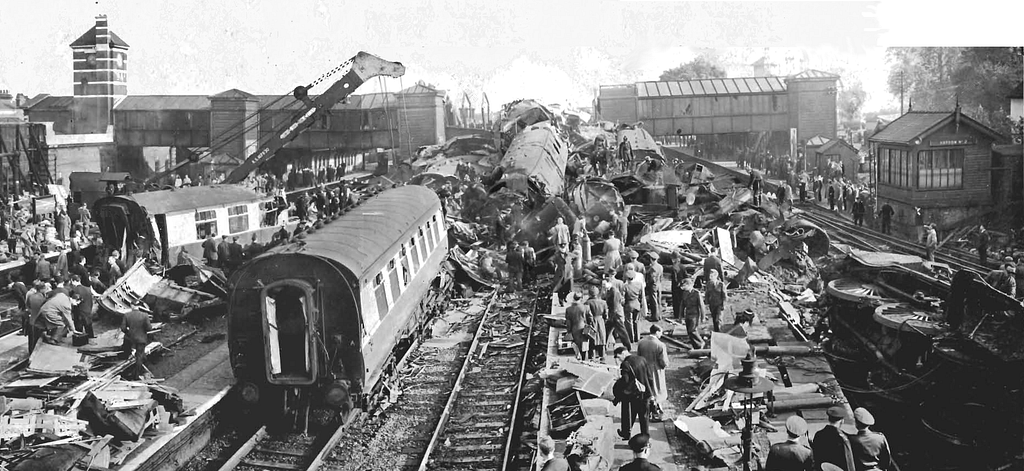 A black and white image of a disastrous rail crash